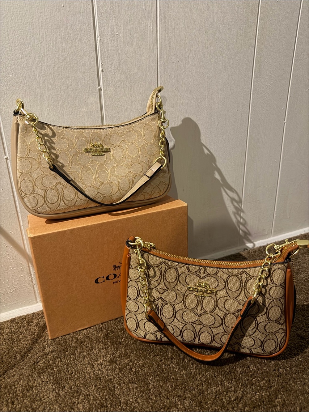 Coach Signature Chain-Accent Shoulder Bag in Beige and Camel Trim